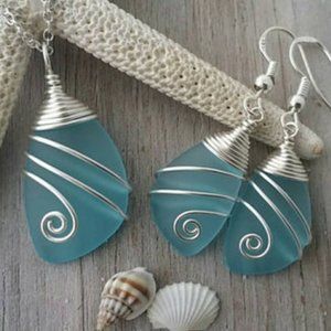 Top Wire Wrapped Turquoise Blue Sea Glass Necklace + Earrings Jewelry Set Gift